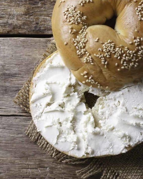 Zabar's cream cheese spread on a bagel.