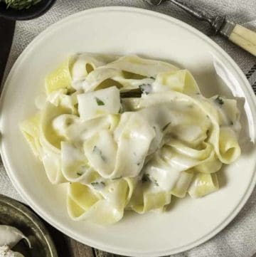 Alfredo sauce over pasta on a plate.
