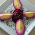 Hard boiled eggs dyed with beets