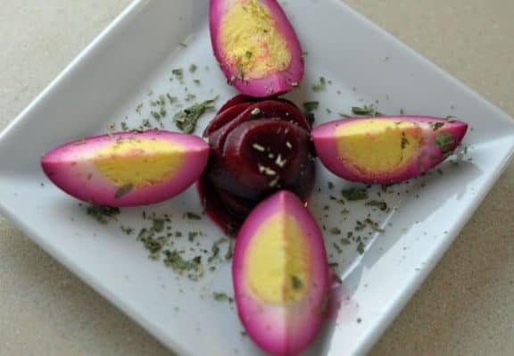 Hard boiled eggs dyed with beets