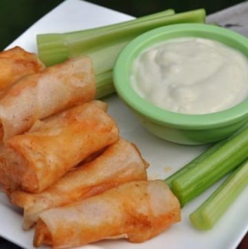 buffalo chicken spring rolls, celery, and blue cheese dressing