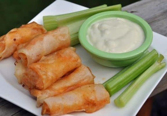 buffalo chicken spring rolls, celery, and blue cheese dressing