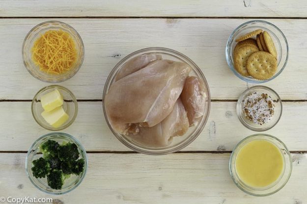 Ingredients for homemade copycat Cracker Barrel Broccoli Cheddar Chicken Casserole .