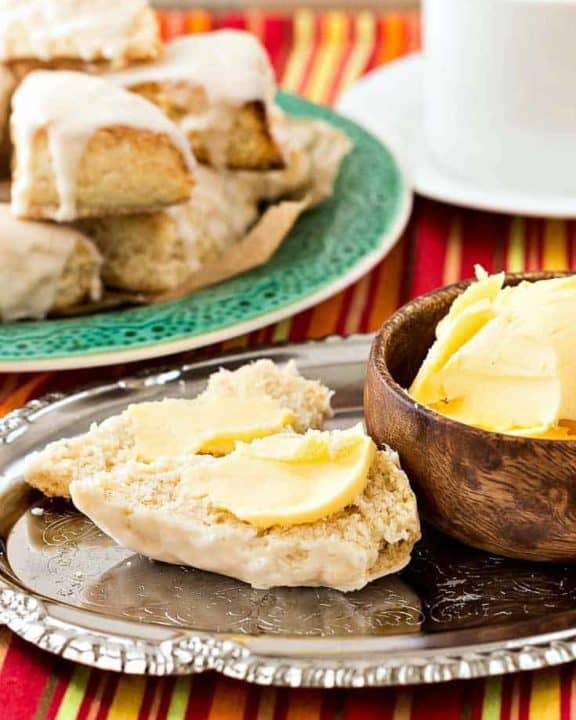 homemade Starbucks petite vanilla scones with vanilla icing and butter