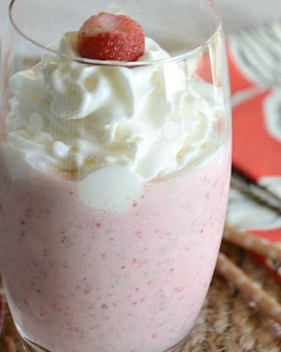 Homemade Starbucks Strawberry and Creme Frappe in a glass