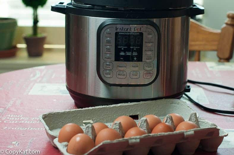 A dozen eggs in front of an Instant Pot
