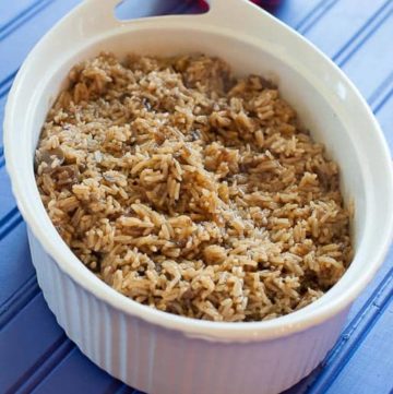 Stick of Butter Rice in a white casserole dish