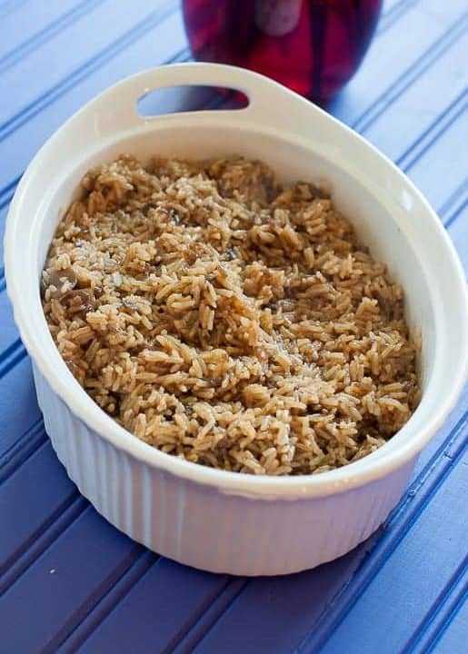 Stick of Butter Rice in a white casserole dish