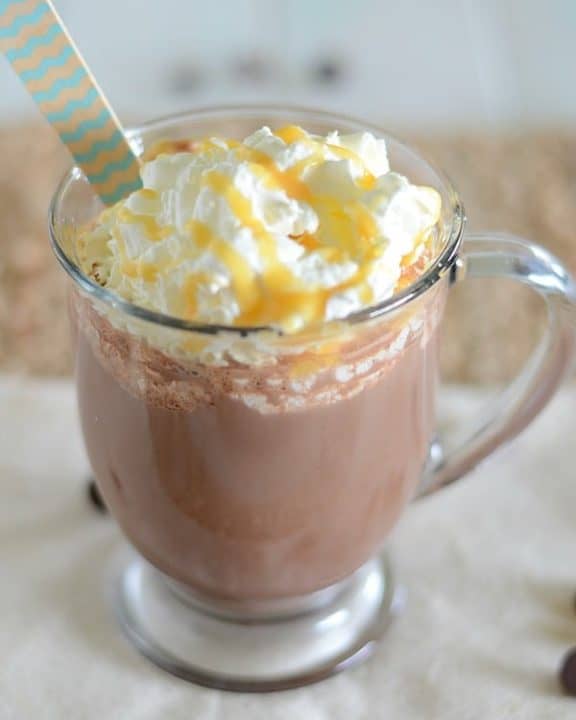 Homemade Dunkin Donuts Salted Caramel Hot Chocolate in a mug