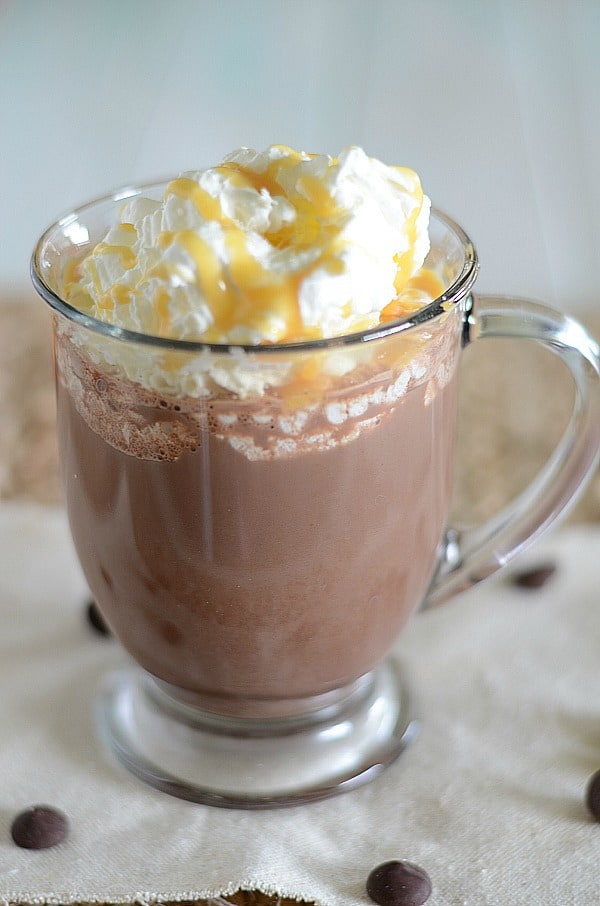 homemade Dunkin Donuts Salted Caramel Hot Chocolate in a glass mug