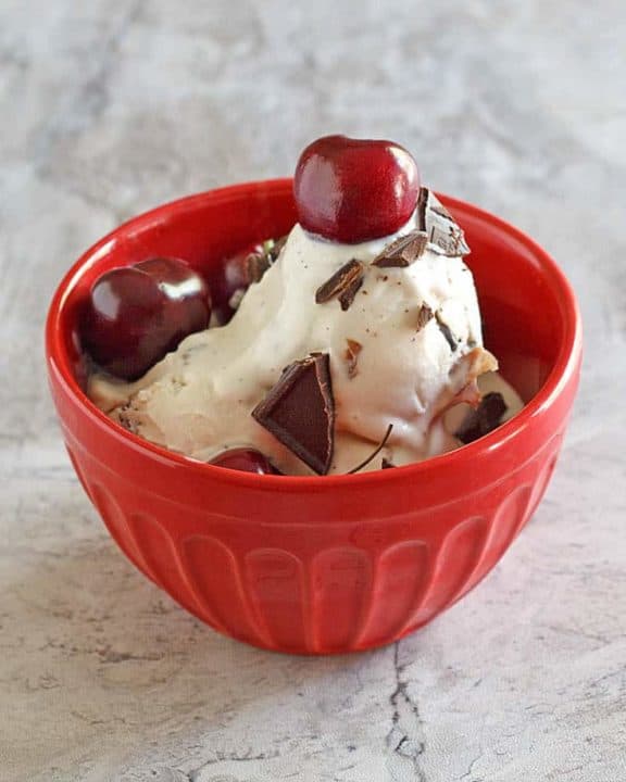 A bowl of homemade Ben and Jerry's Cherry Garcia Ice Cream