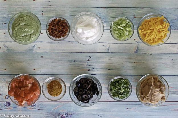 Ingredients for the TGI Friday's 9 Layer Dip copycat recipe. 