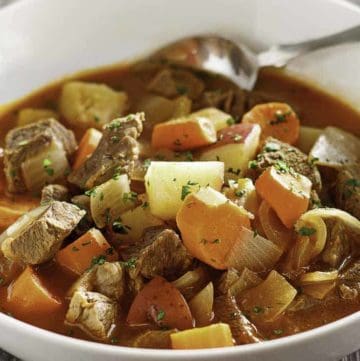 Instant Pot Beef Stew in a white bowl