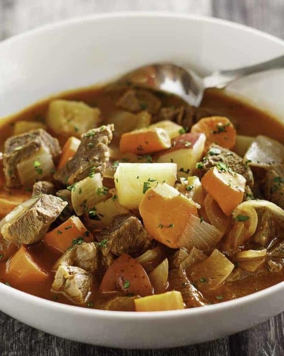 Instant Pot Beef Stew in a white bowl