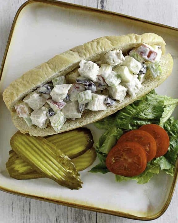 orchard chicken salad sub sandwich on a plate