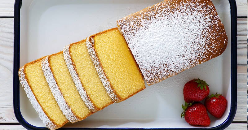 Homemade copycat Sara Lee Pound Cake in a serving dish.
