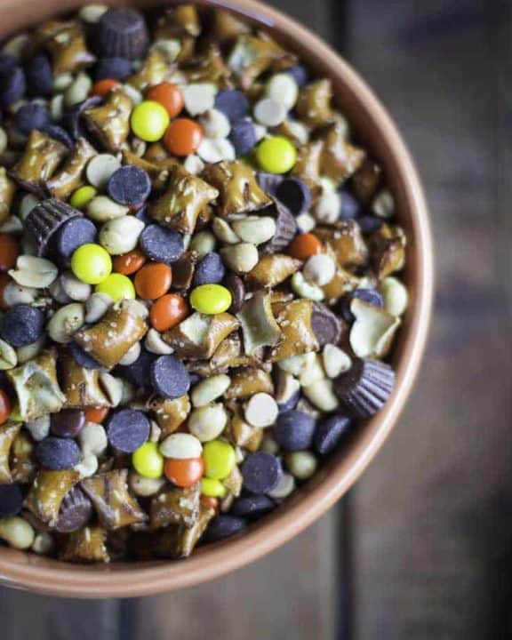 A bowl of peanut butter lovers Reeses snack mix