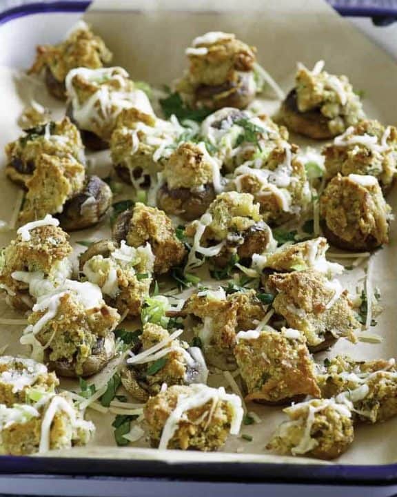 Homemade Olive Garden stuffed mushrooms in a serving dish.
