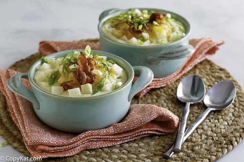 Two bowls of baked potato soup