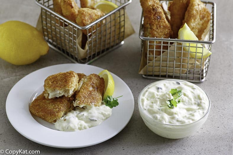 a plate of fried fish with homemade tartar sauce