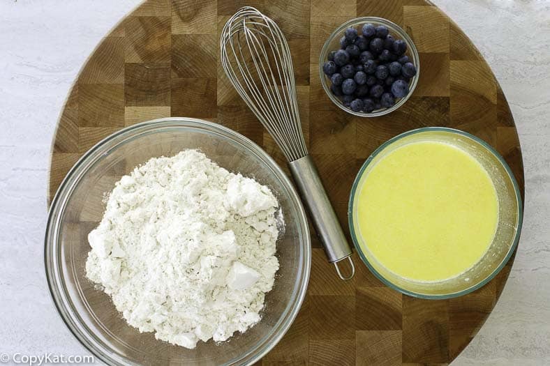 pancake dry ingredients, wet ingredients, and blueberries