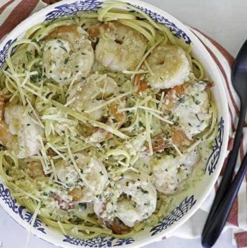 homemade Red Lobster shrimp pasta in a bowl.