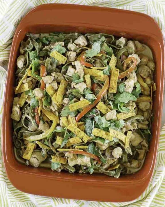 homemade California Pizza Kitchen Tequila Lime Chicken Fettuccine in a red dish
