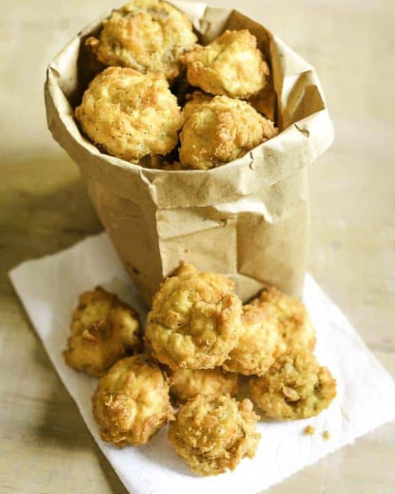 deep fried fresh mushrooms in a paper bag