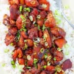 Homemade bourbon chicken on top of rice