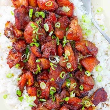 Homemade bourbon chicken on top of rice