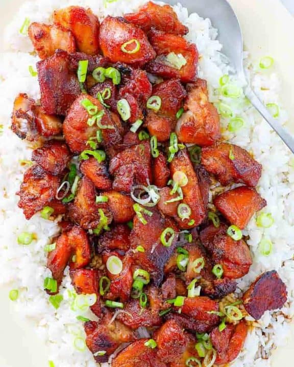 Homemade bourbon chicken on top of rice