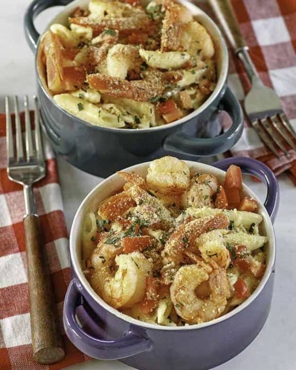 bowls of baked shrimp pasta