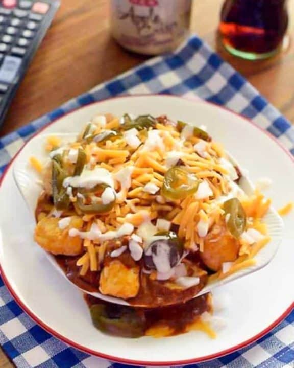 loaded tater tots on a plate