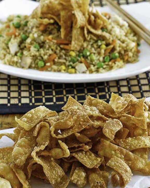 crispy fried wonton strips on a plate