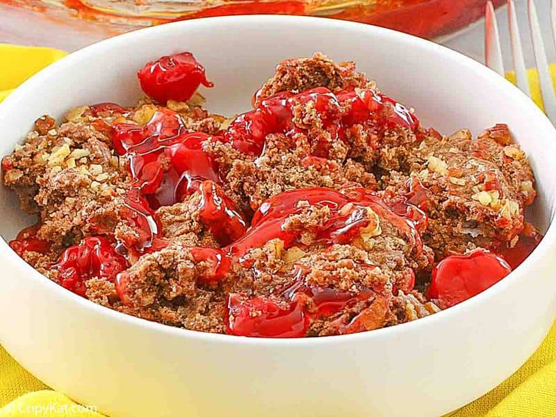 a bowl of homemade Cracker Barrel cherry chocolate cobbler