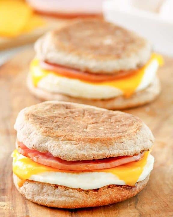 two homemade McDonalds egg white delight breakfast sandwiches
