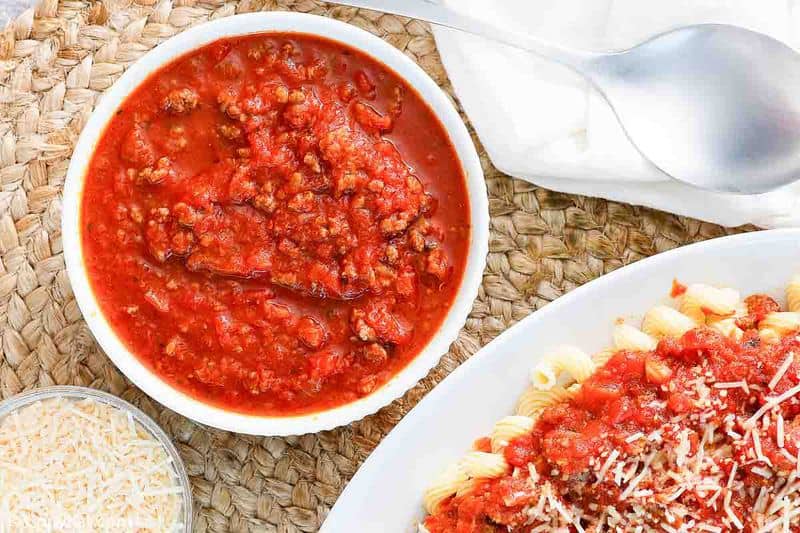 a bowl of homemade Olive Garden three meat sauce
