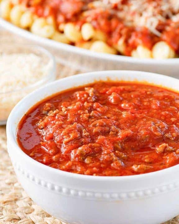 a bowl of three meat sauce