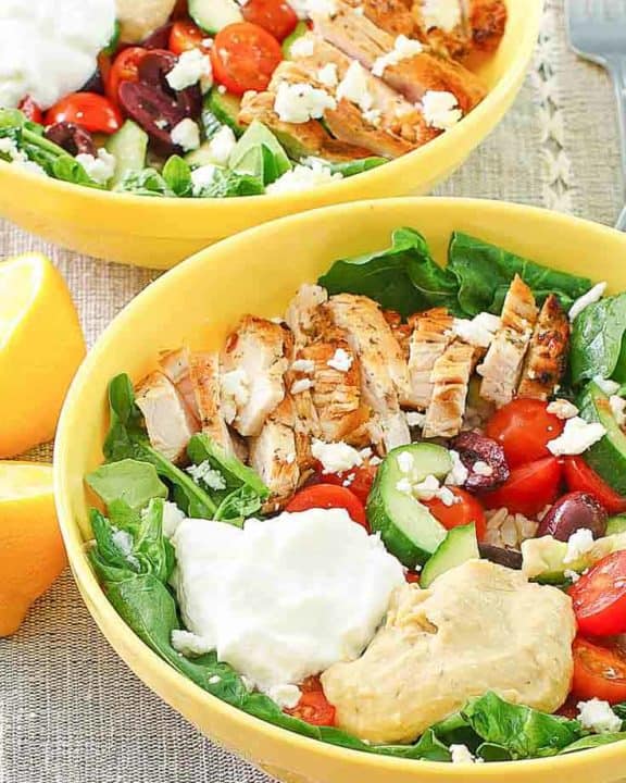 two Mediterranean grain bowls with chicken