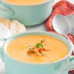 crawfish bisque in blue soup crocks