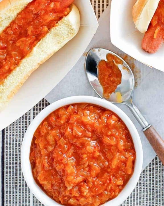 a bowl of homemade Sabrett Onions in Sauce