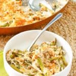 Swiss asparagus casserole in a bowl and a skillet