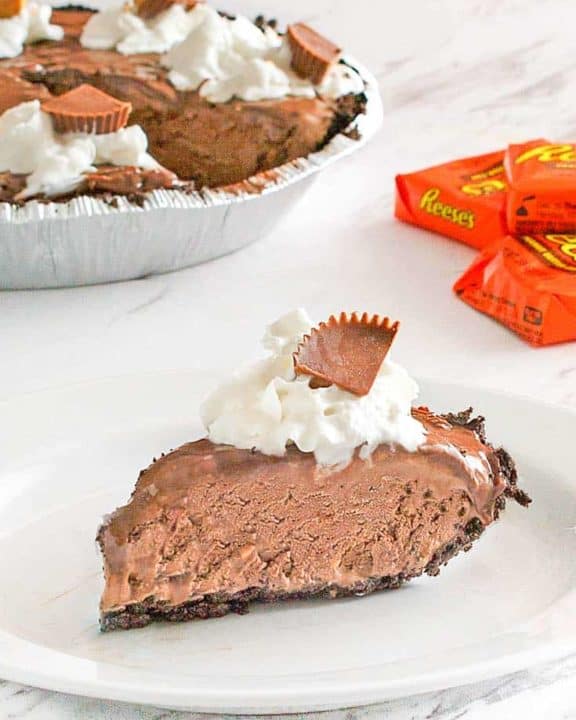 a slice of chocolate peanut butter ice cream pie