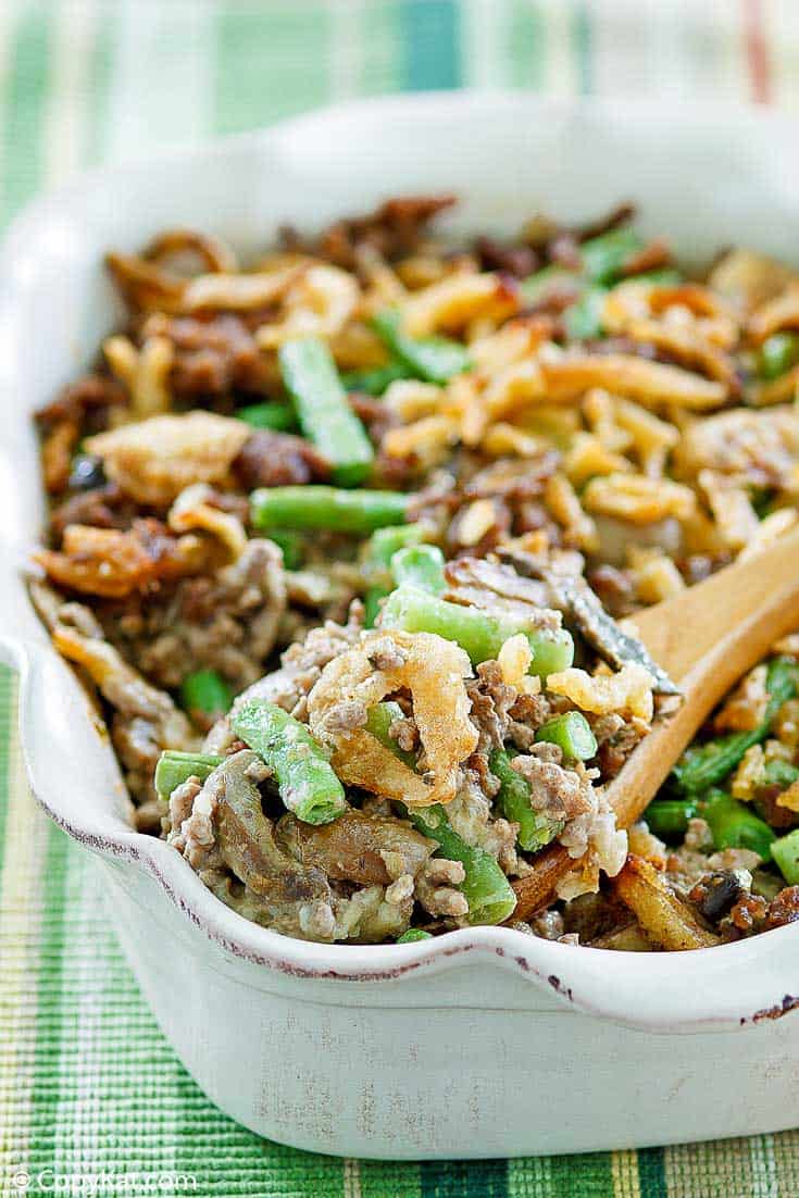 hamburger green bean casserole in a baking dish