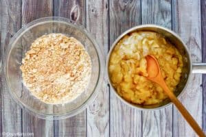 apple crisp topping in a bowl and filling in a pan