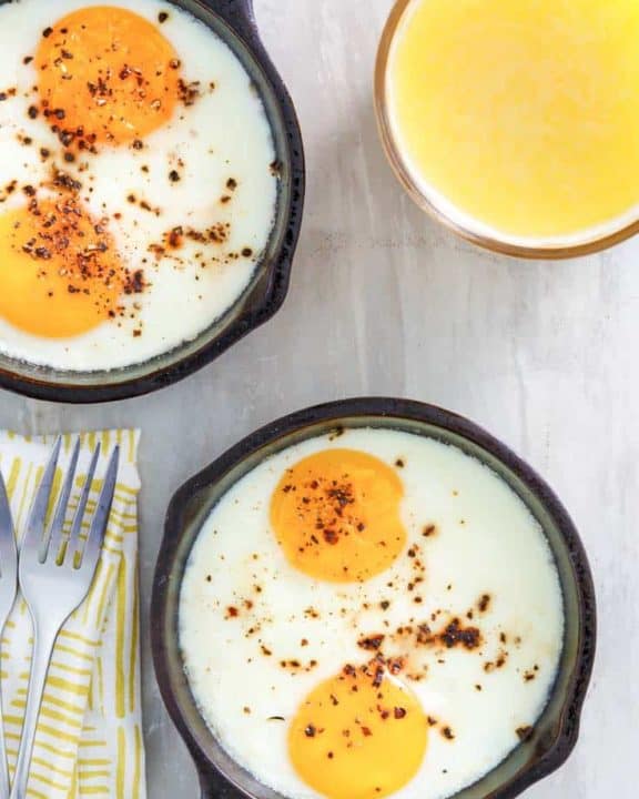 oven fried eggs in cast iron skillets