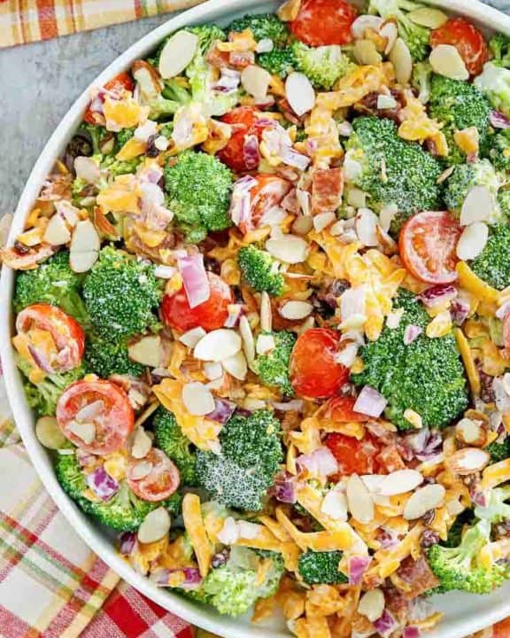 broccoli salad in a large white bowl