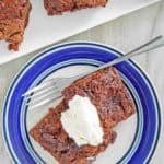 chocolate pudding cake slices on a plate and a platter