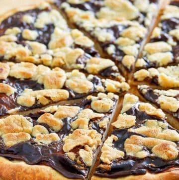 homemade Ci Ci's chocolate dessert pizza on a pizza peel
