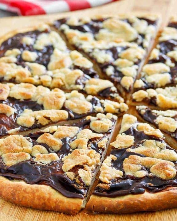 homemade Ci Ci's chocolate dessert pizza on a pizza peel